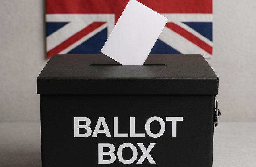 A ballot box with Union Flag behind it
